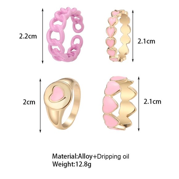 Y2K Gold & Pink Heart 4 Piece Ring Set - Picture 2 of 2